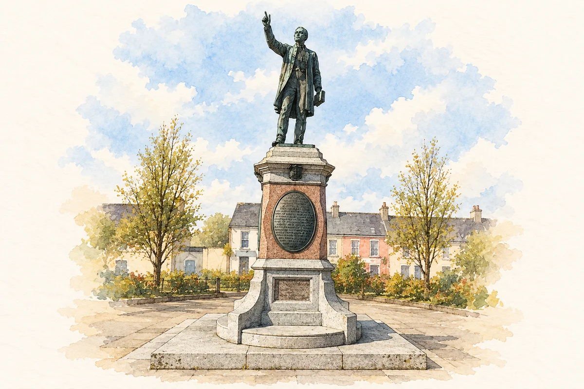 Watercolour and fine ink illustration of Father William Casey Monument.