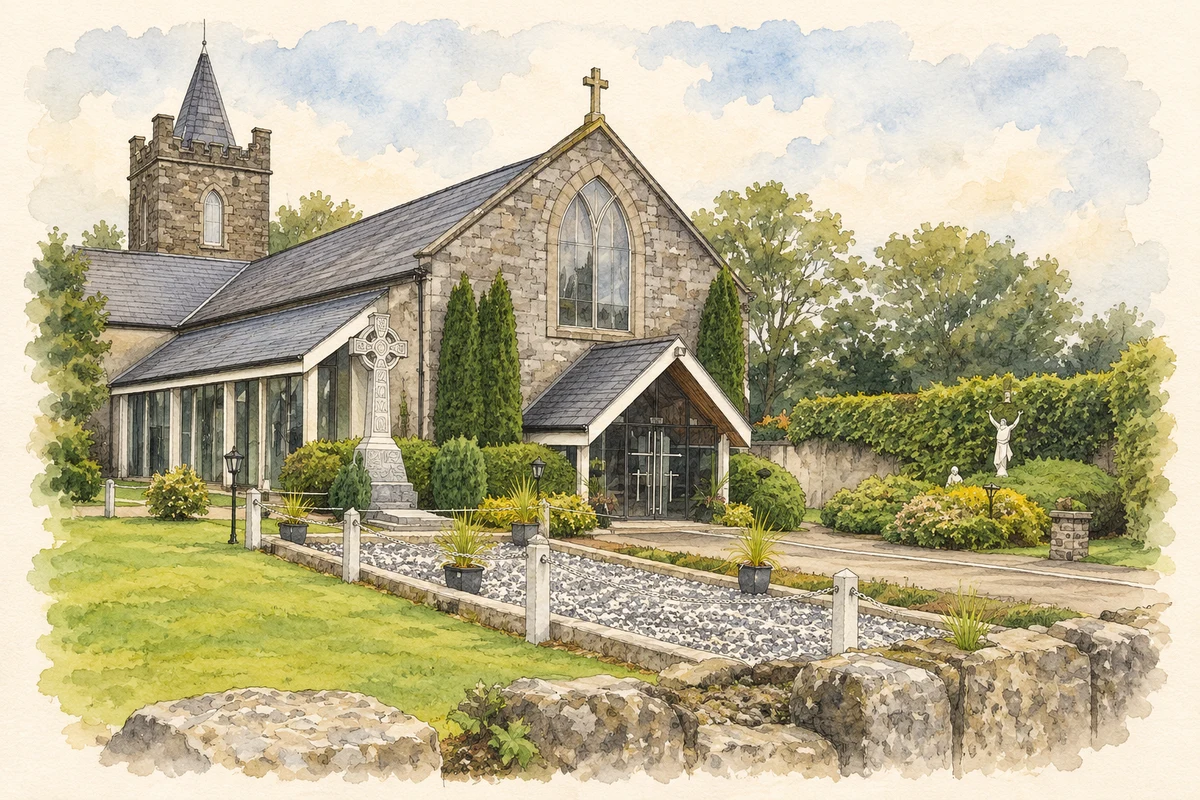 Watercolour and fine ink illustration of Saint Bartholomew's Church, Dromcolliher, County Limerick.