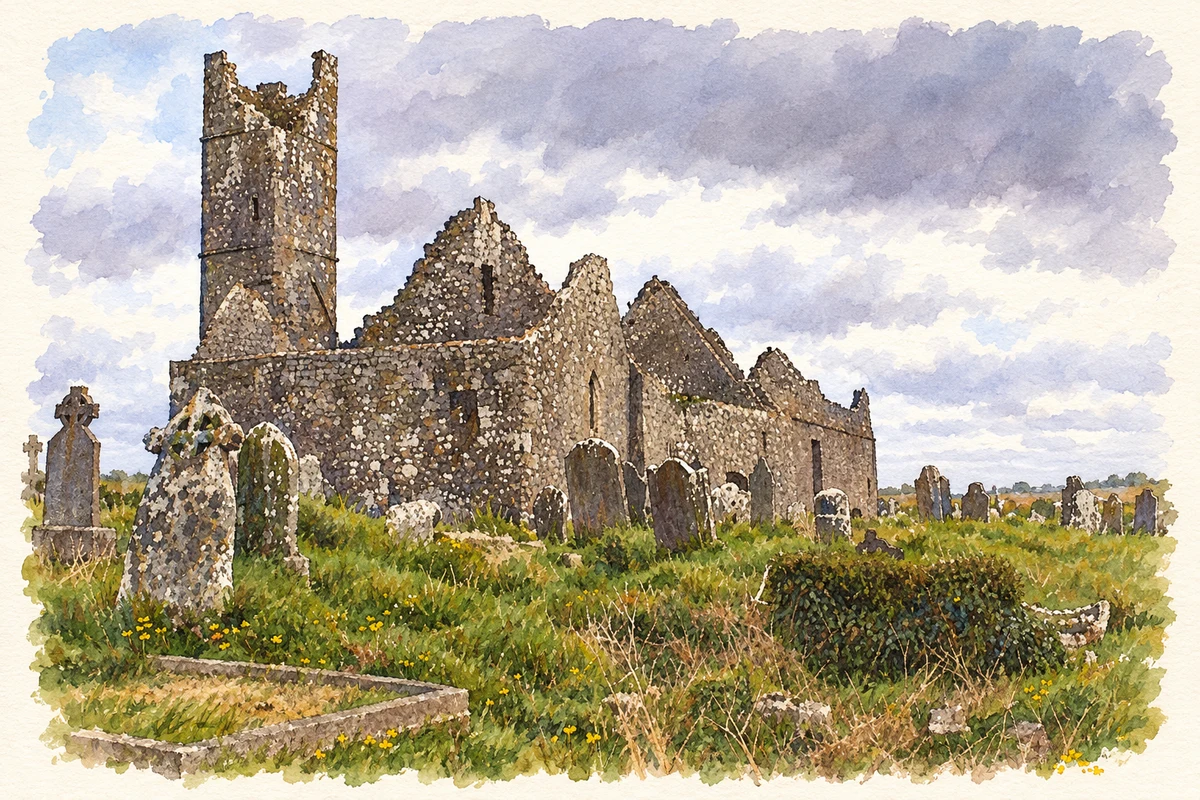 Watercolour and fine ink illustration of Mungret Abbey ruins.