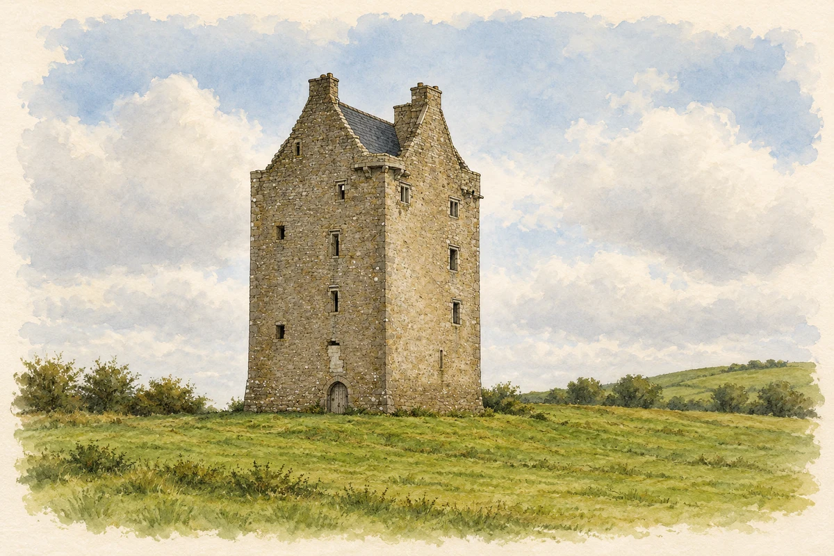 Interpretive reconstruction of Oola Castle’s compact stone tower house around 1600, with a conjectural dark roof following its surviving gables.