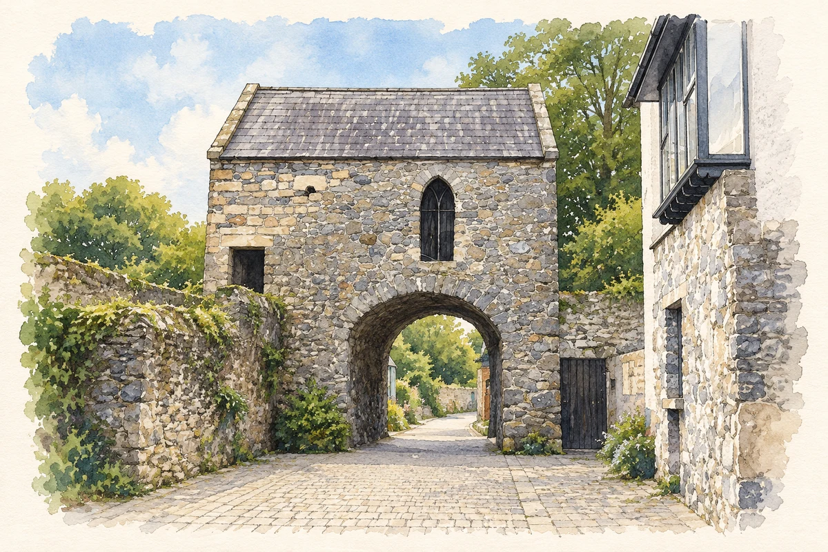 Watercolour and fine ink illustration of The Tholsel town gate, Carlingford.