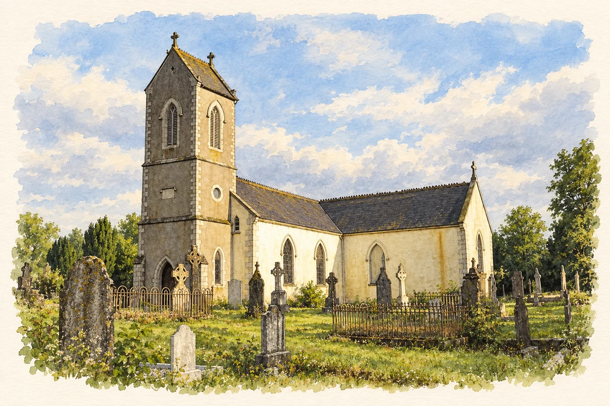 Watercolour and fine ink illustration of St Finian’s Church, Clonard.