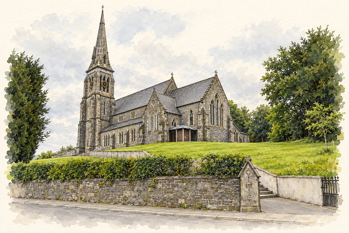 Watercolour and fine ink illustration of St Patrick's Catholic Church, Ballybay, County Monaghan.