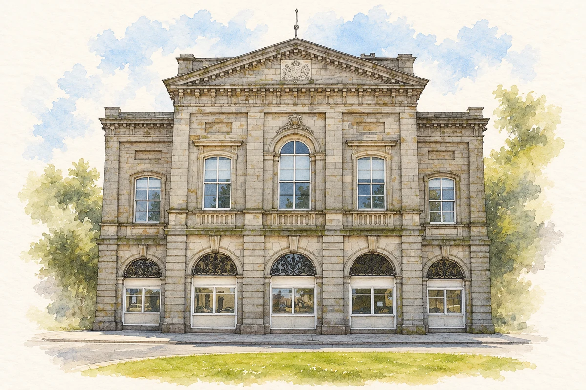 Watercolour and fine ink illustration of Old Market House, Clones, County Monaghan in Clones.
