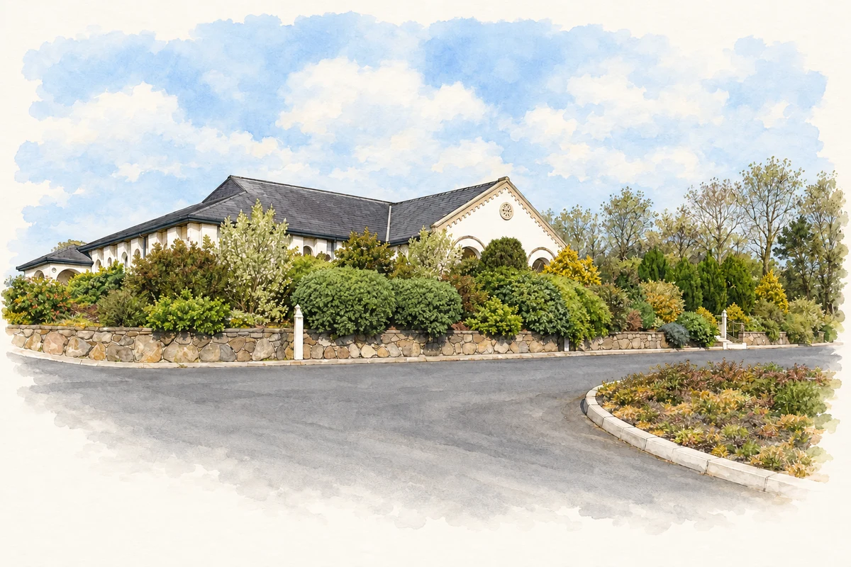 Watercolour and fine ink illustration of Saint Oliver Plunkett’s Church, Forkhill, as photographed in 2013.