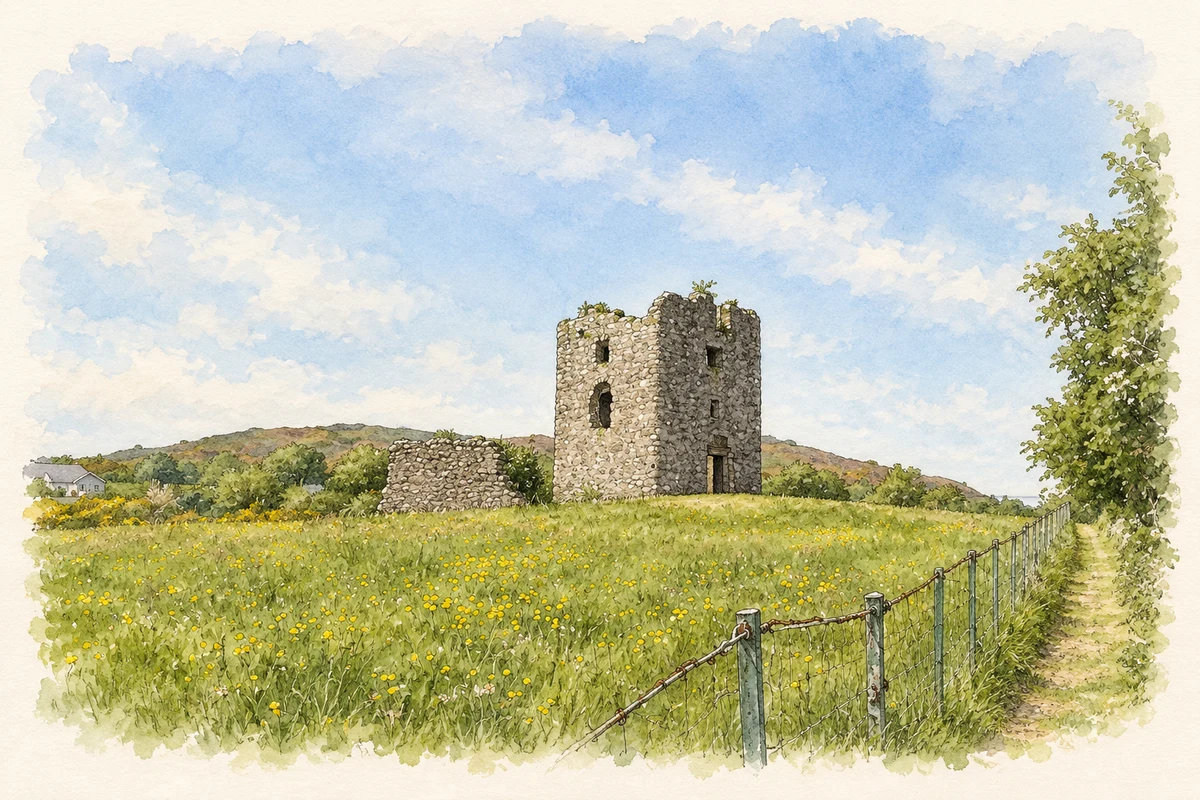 Watercolour and fine ink illustration of Moyry Castle remains, near Jonesborough.