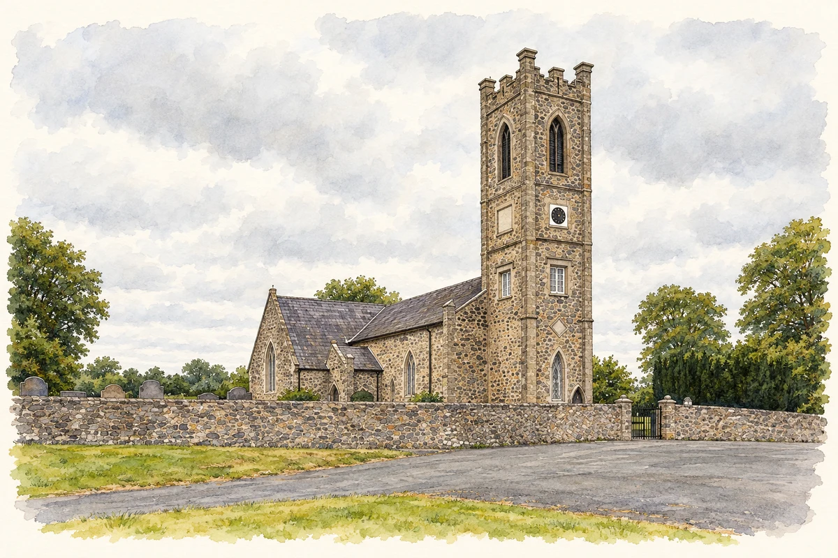 Watercolour and fine ink illustration of Saint Patrick’s Church of Ireland at Loughgilly, as photographed in August 2026.