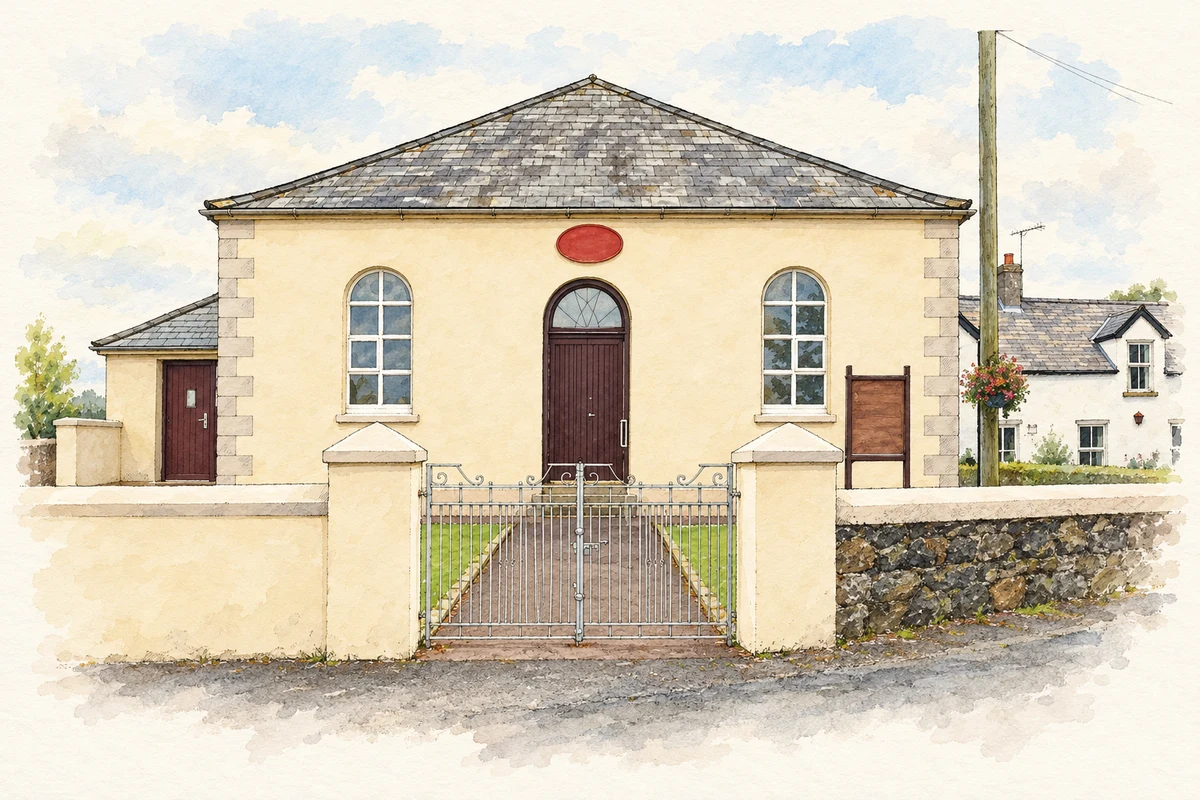 Watercolour and fine ink illustration of Islandmagee Methodist Church, as photographed in 2009.