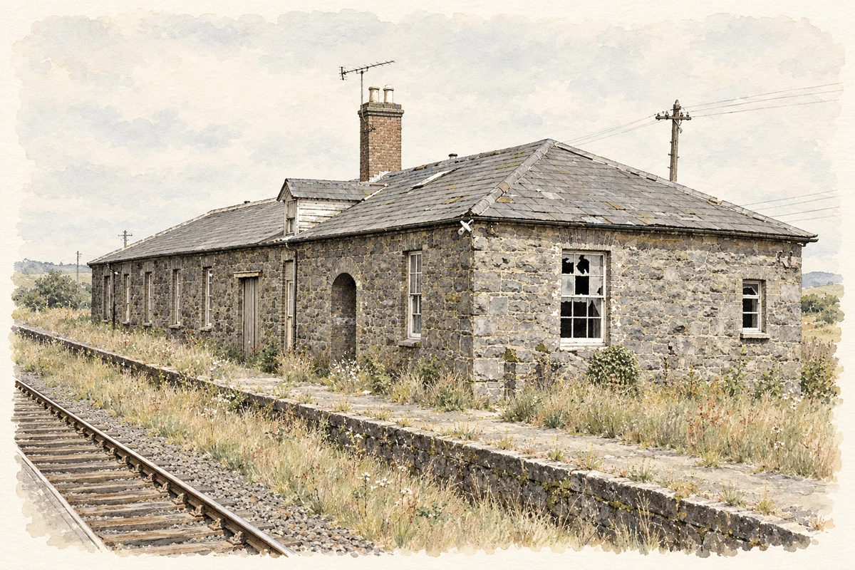 Watercolour and fine ink illustration of Killagan Station, 1979 reconstruction.