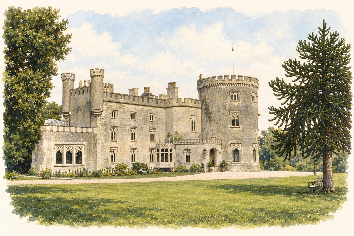 Watercolour and fine ink historical reconstruction of Kilwaughter Castle from the photograph registered in 1892, showing the intact castle, lawn and monkey puzzle tree.