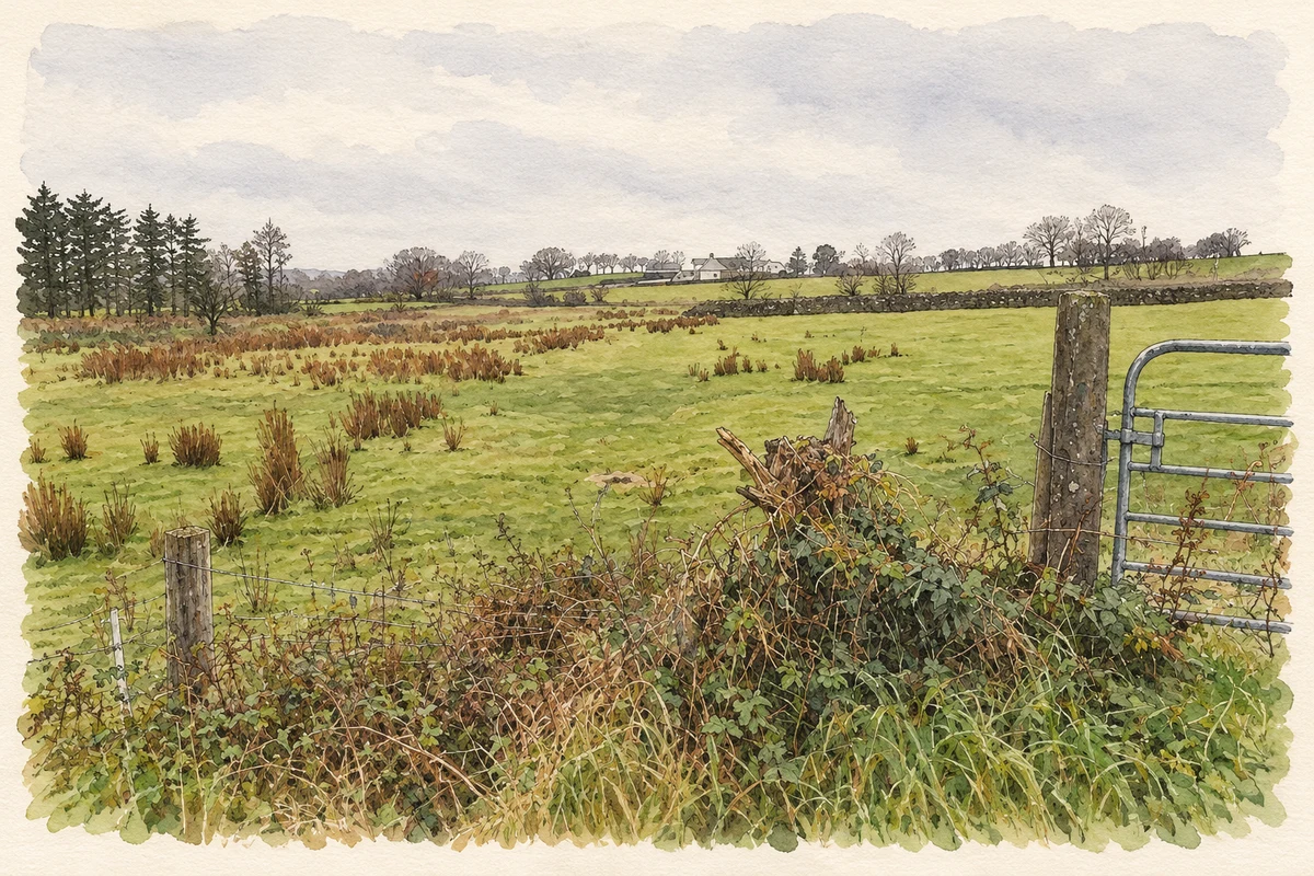 Watercolour and fine ink illustration of Fields near Newtown Crommelin, as photographed in November 2010.