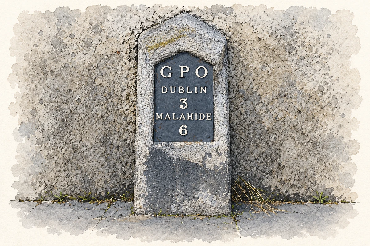 Watercolour and fine ink illustration of Malahide Road milestone, Artane.