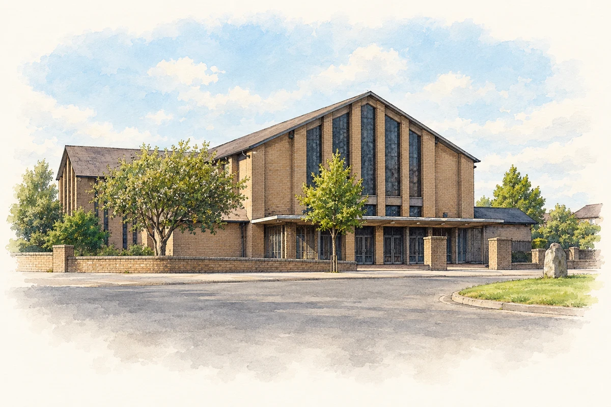 Watercolour and fine ink illustration of Our Lady of the Assumption Church, Ballyfermot, Dublin.