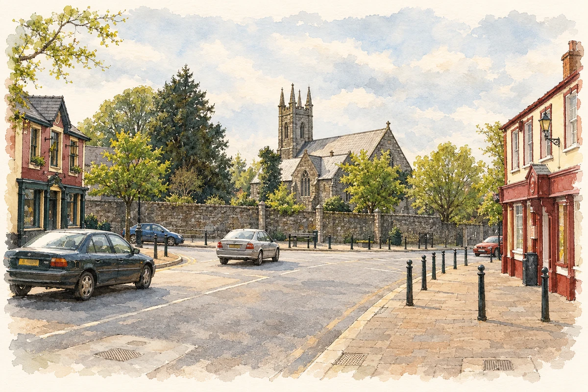 Watercolour and fine ink illustration of St Brigid's Church at Castleknock village junction, County Dublin.