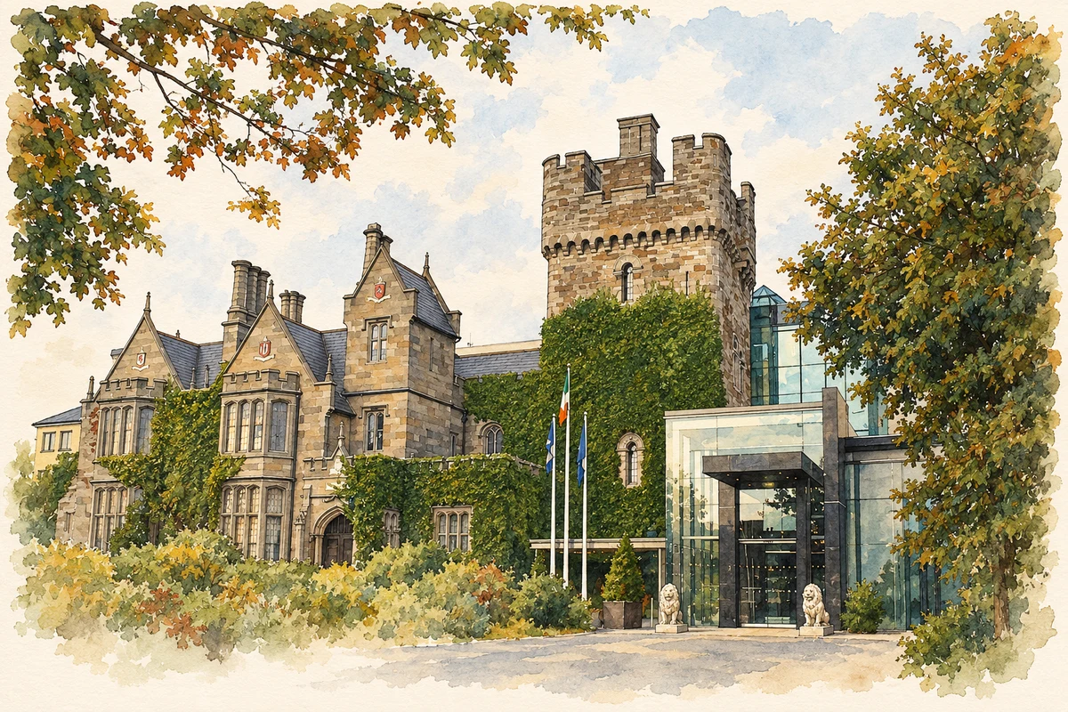 Watercolour and fine ink illustration of Clontarf Castle, Dublin.