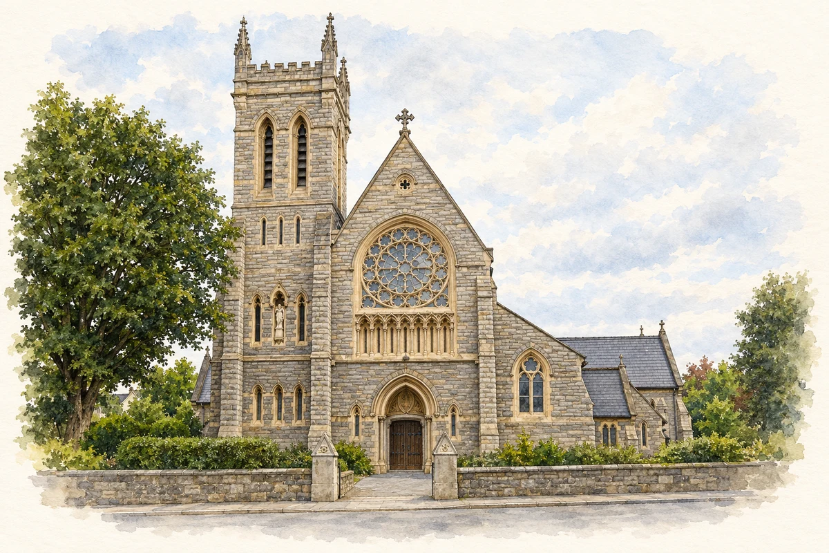 Watercolour and fine ink illustration of Church of the Sacred Heart, Donnybrook, Dublin.