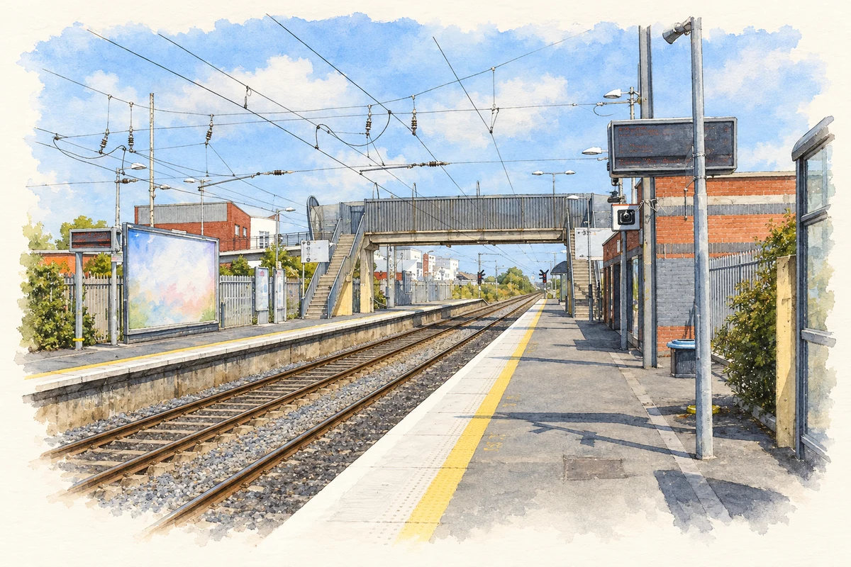 Watercolour and fine ink illustration of Kilbarrack DART station, as photographed in 2007.