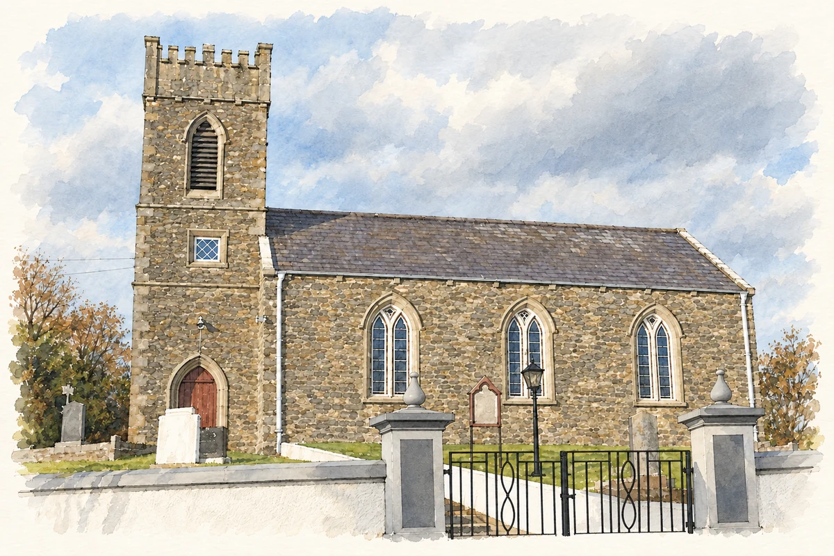 Watercolour and fine ink illustration of Killinkere Church of Ireland, as photographed in 2006.