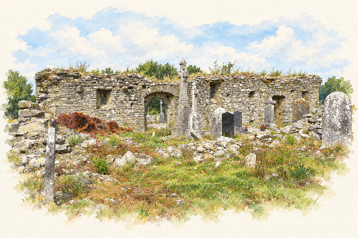 Watercolour and fine ink illustration of Ruined church at Dunnamaggan, as photographed in2014.