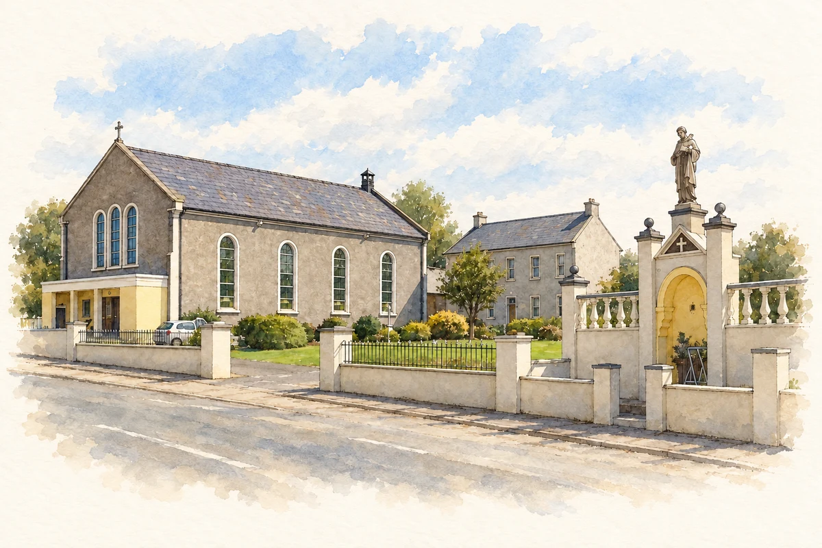 Watercolour and fine ink illustration of Saint Mary's Carmelite Church and Saint Albert gateway, Knocktopher.