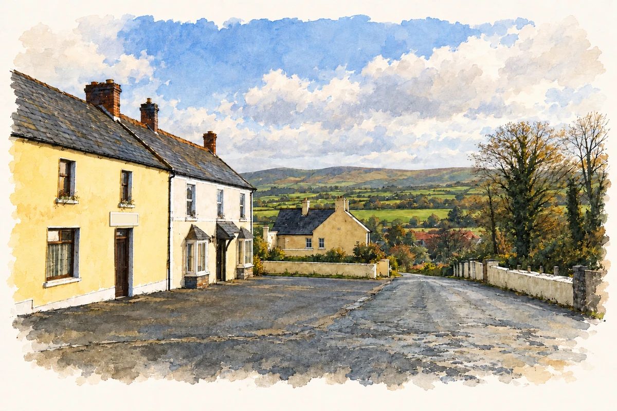 Watercolour and fine ink illustration of Village pub frontage at Kilflynn, County Kerry, in 1997.