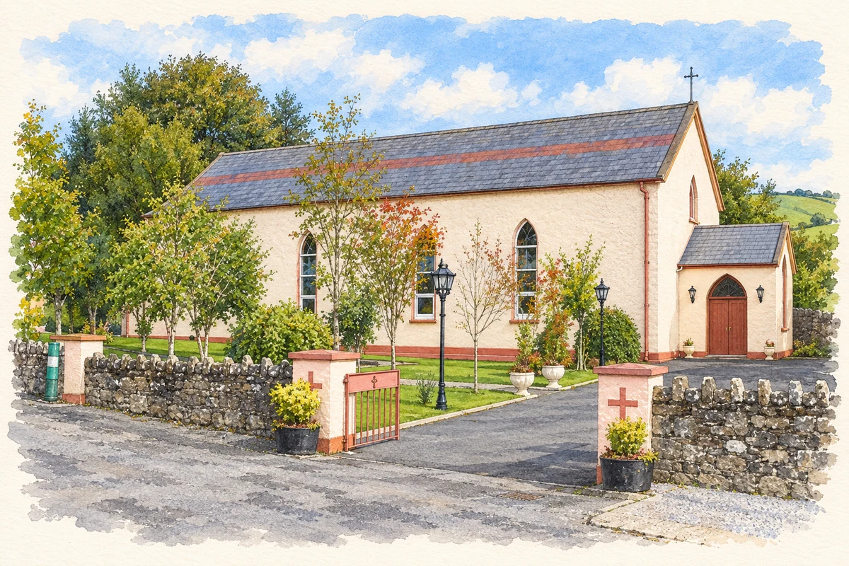 Watercolour and fine ink illustration of Saint Molua’s church at Ogonnelloe, as photographed in September 2011.