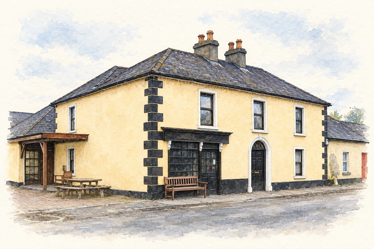 Watercolour and fine ink illustration of Tutty pub, Hollywood, County Wicklow, as photographed in2007.