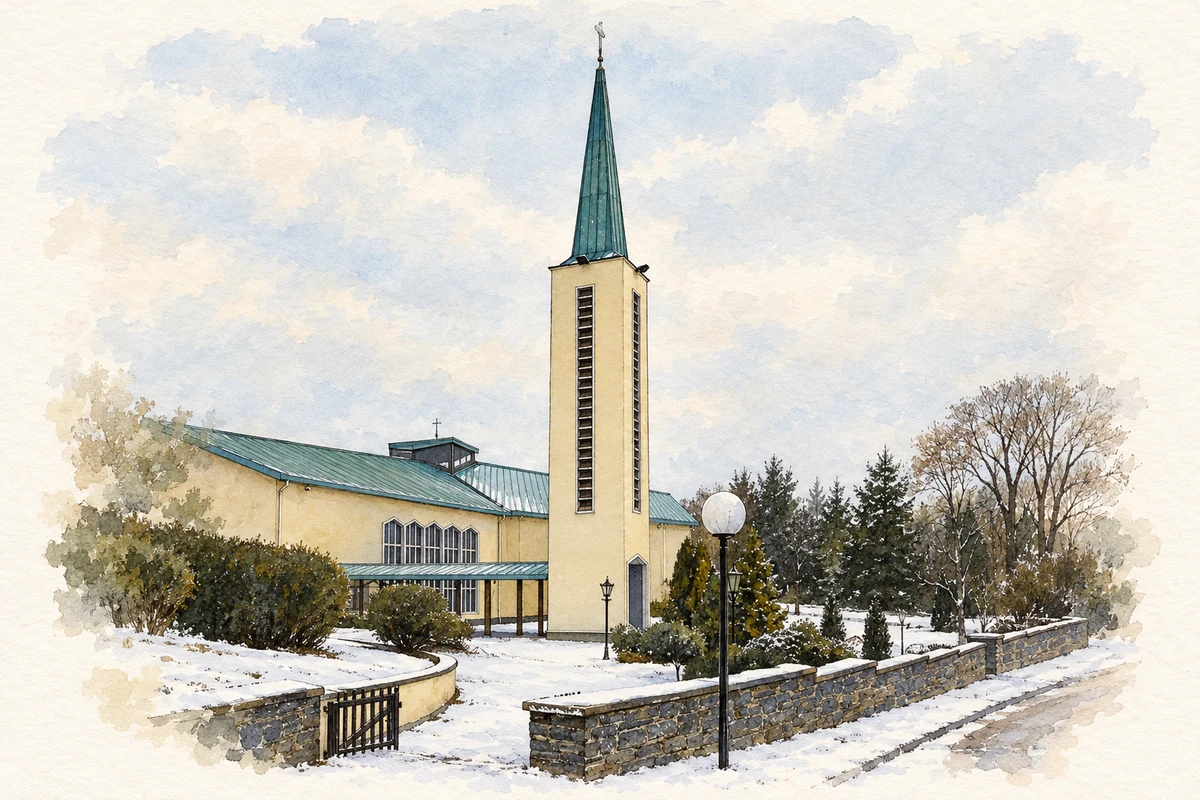 Watercolour and fine ink illustration of Bell tower of Saint Patrick’s Church, Murlog, near Clonleigh.
