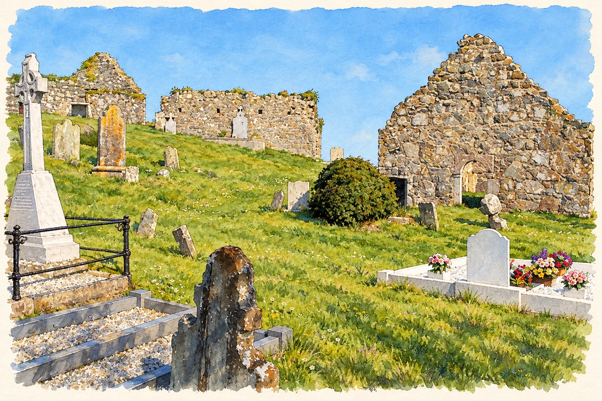 Watercolour and fine ink illustration of The three ruined churches of Loughinisland, as photographed in 2007.