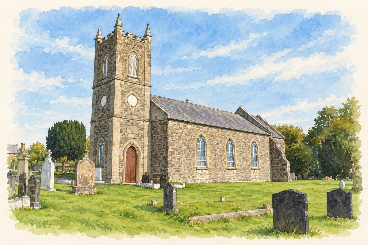 Watercolour and fine ink illustration of Tamlaght O’Crilly Church of Ireland, as photographed in October 2007.