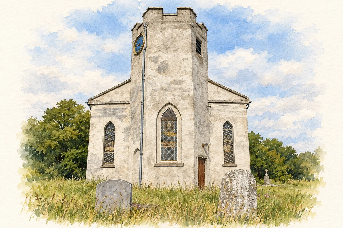 Watercolour and fine ink illustration of Ardrahan Church of Ireland.