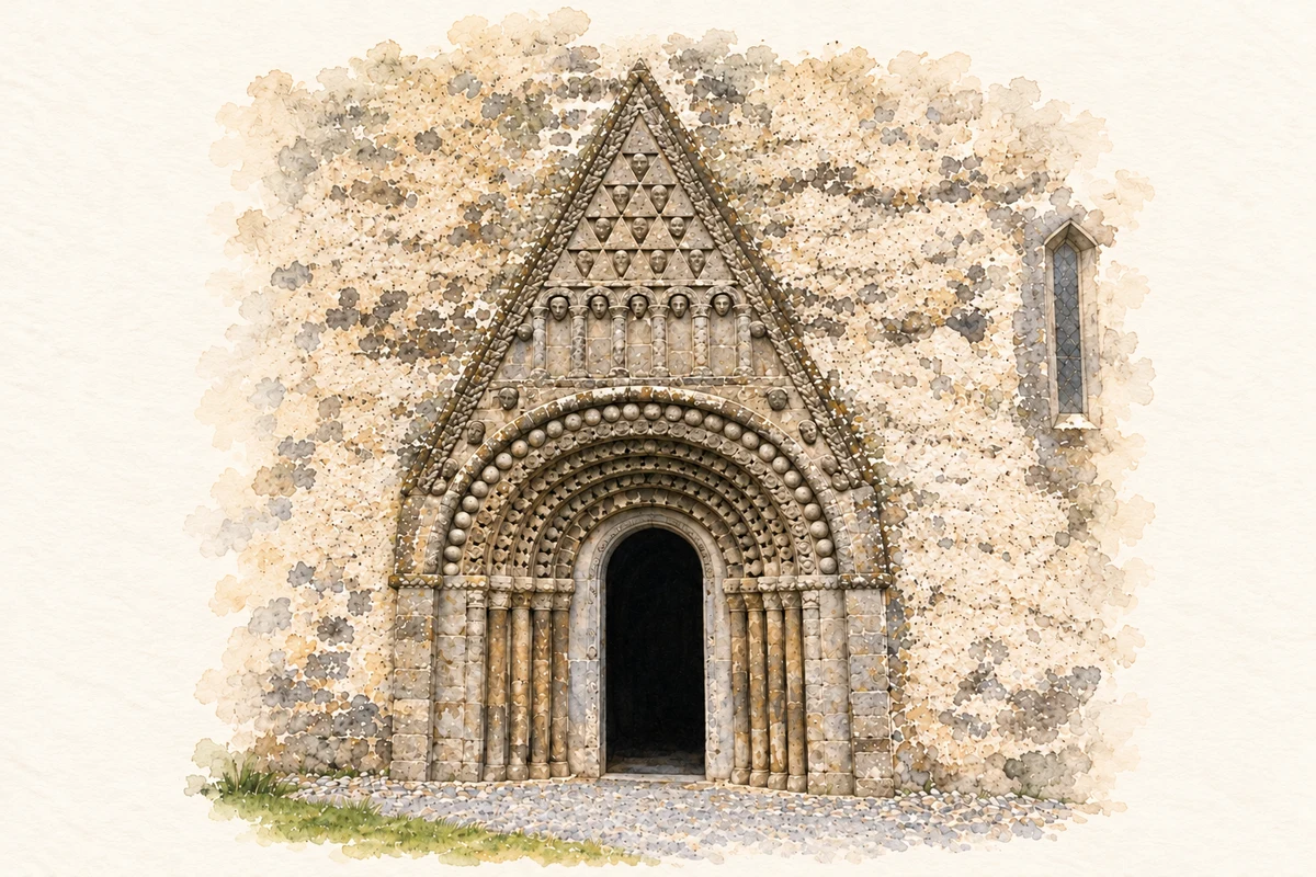 Watercolour and fine ink illustration of Romanesque west doorway, Clonfert Cathedral.