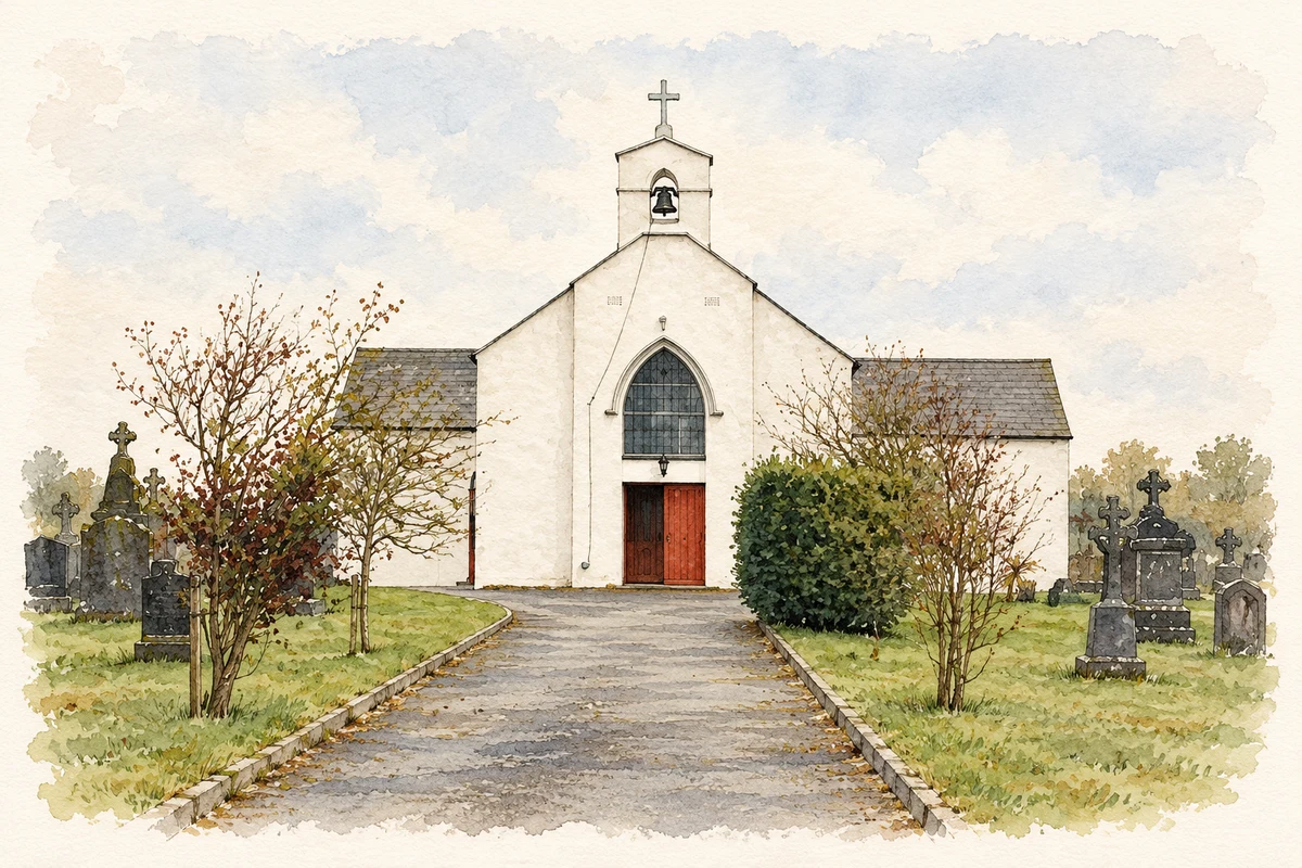 Watercolour and fine ink illustration of Ballyouskill Catholic church, near Attanagh.