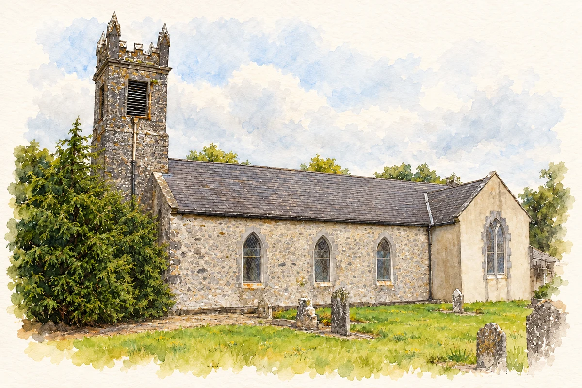 Watercolour and fine ink illustration of Kilpeacon Parish Church near Crecora.