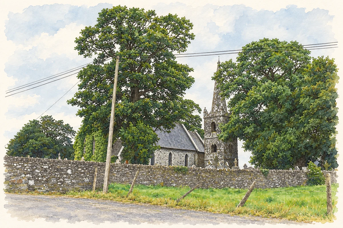 Watercolour and fine ink illustration of Saint John’s Church and its older tower at Knockainy, as photographed in 2009.