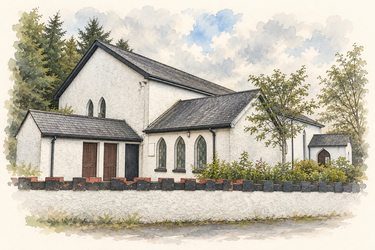 Watercolour and fine ink illustration of Catholic church at Kilgellia, Attymass, County Mayo.