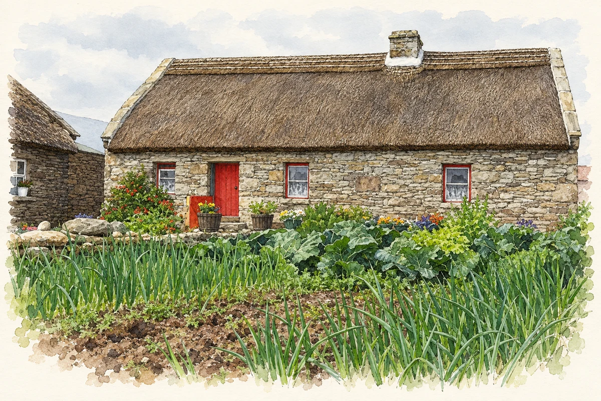 Watercolour and fine ink illustration of Hennigan’s Heritage Centre at Rubble near Killasser, as photographed in 2009.