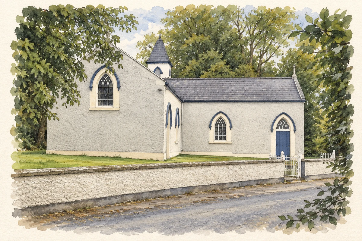 Watercolour and fine ink illustration of Church at Clonalvy.