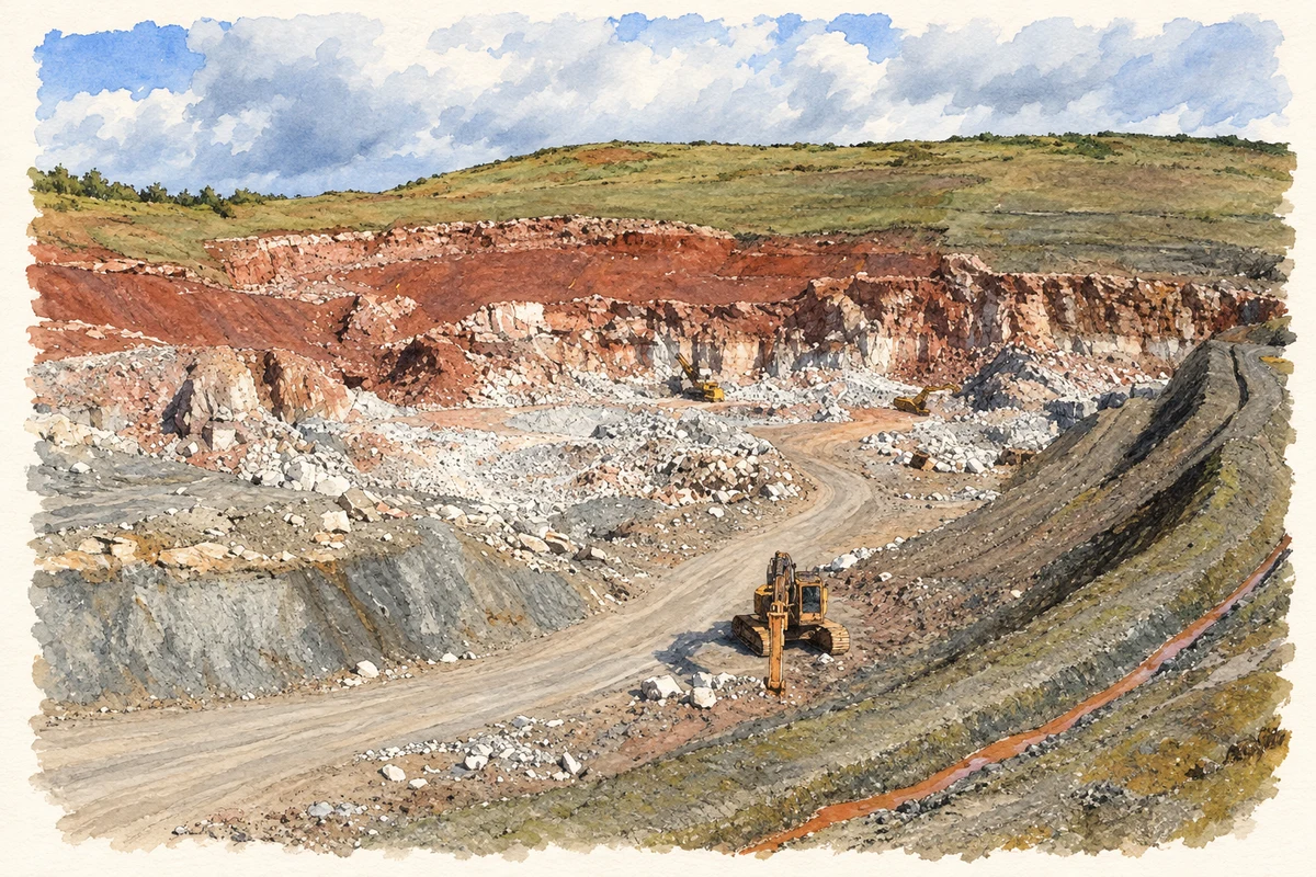 Watercolour and fine ink illustration of Knocknacran gypsum mine near Magheracloone, as photographed in April 2006.