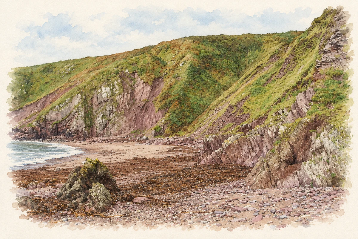 Watercolour and fine ink illustration of Ballymacart Cove, near Ballymacart.