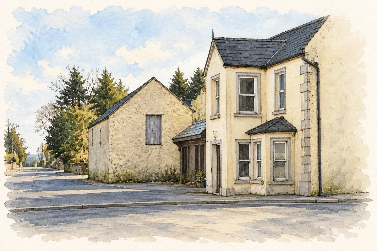 Watercolour and fine ink illustration of Village junction, Dysart, County Roscommon.