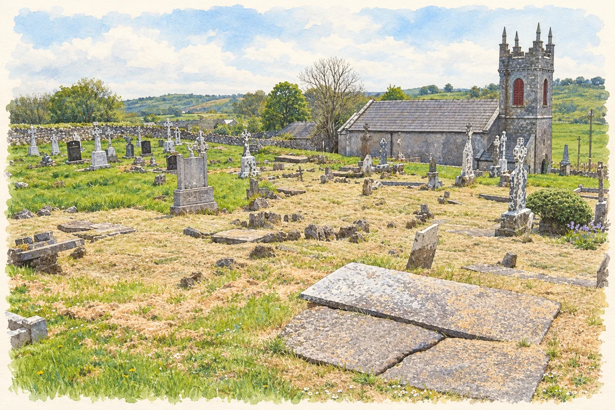 Watercolour and fine ink illustration of Saint Thomas’s Church and graveyard at Kilmactranny, as photographed in 2008.