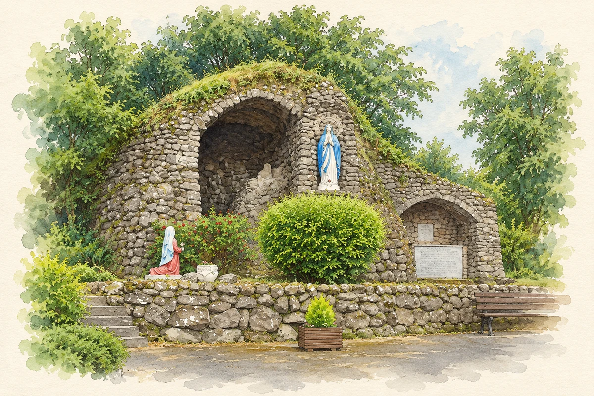 Watercolour and fine ink illustration of Our Lady of Lourdes Grotto, Lattin, County Tipperary.