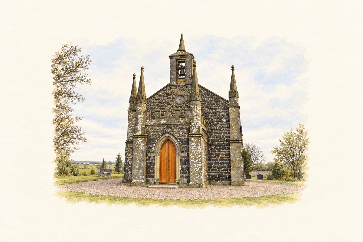 Watercolour and fine ink illustration of Saint Andrew's Church, Ardtrea, County Tyrone.