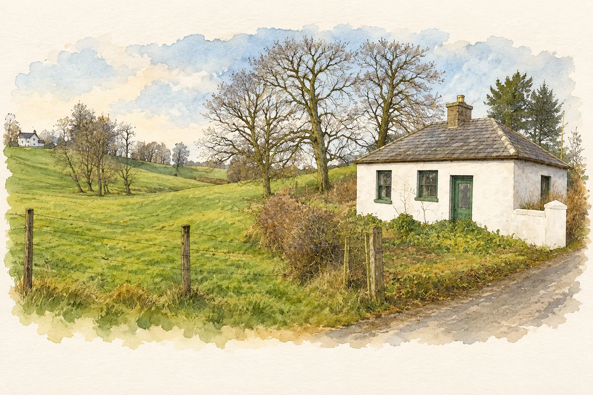 Watercolour and fine ink illustration of Gate House to the former Manse at Kilskeery, County Tyrone.