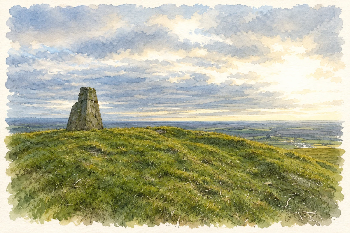 Watercolour and fine ink illustration of Summit marker on Croghan Hill, County Offaly.