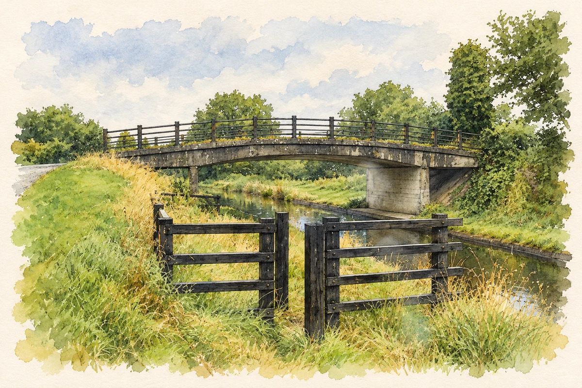 Watercolour and fine ink illustration of Becans Bridge over the Grand Canal near Rahan, County Offaly.