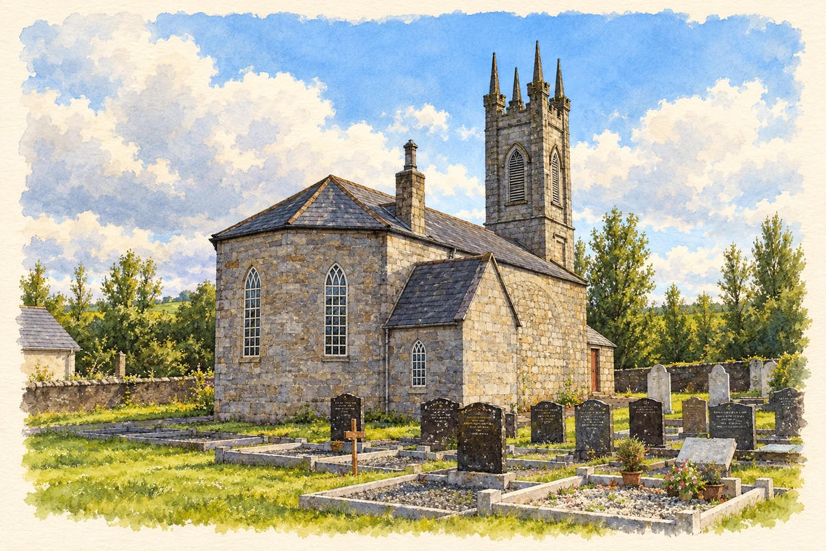 Watercolour and fine ink illustration of St Paul's Church, Kildavin.