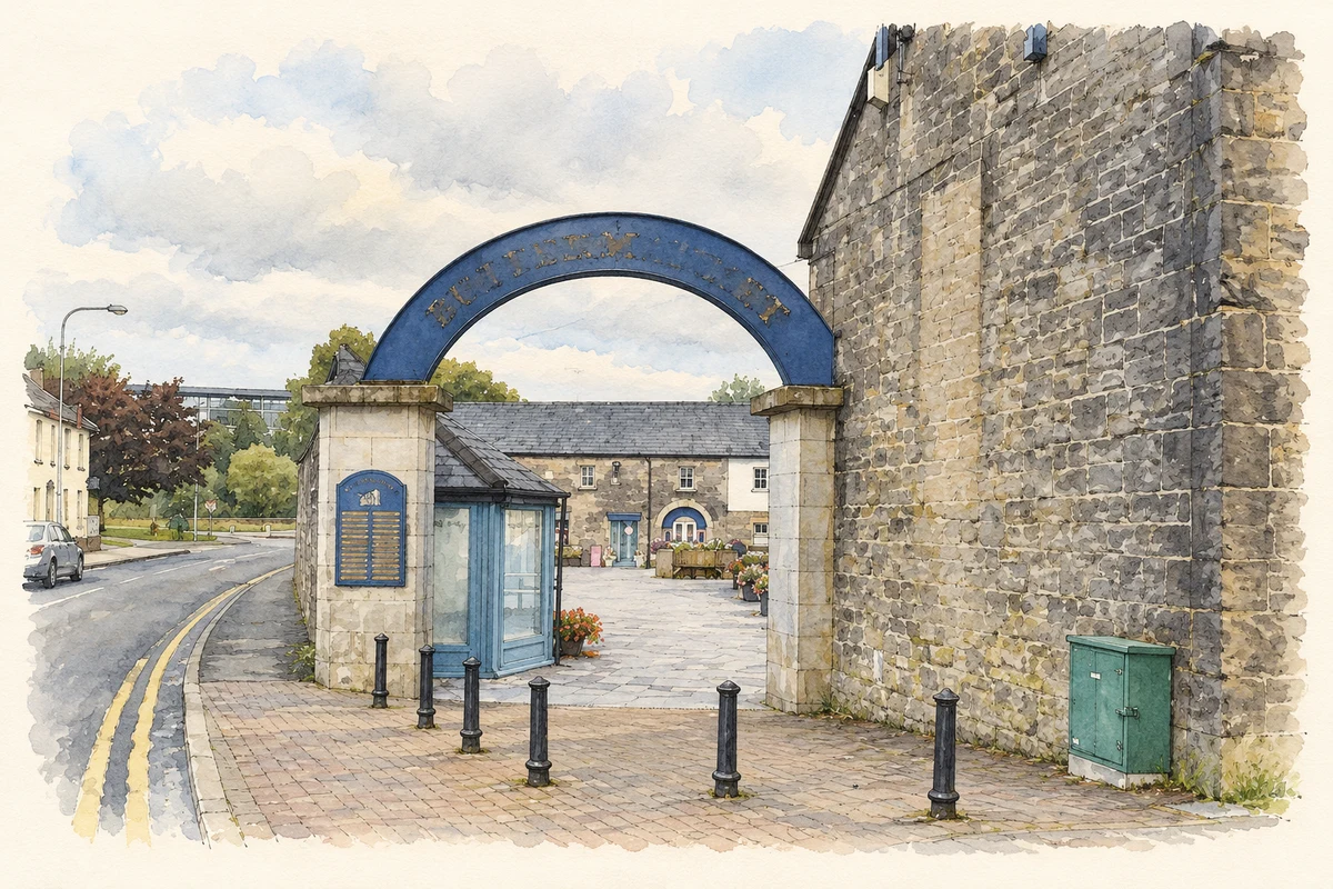 Watercolour and fine ink illustration of Entrance to the Buttermarket craft courtyard, Enniskillen, County Fermanagh, as photographed in October 2021.