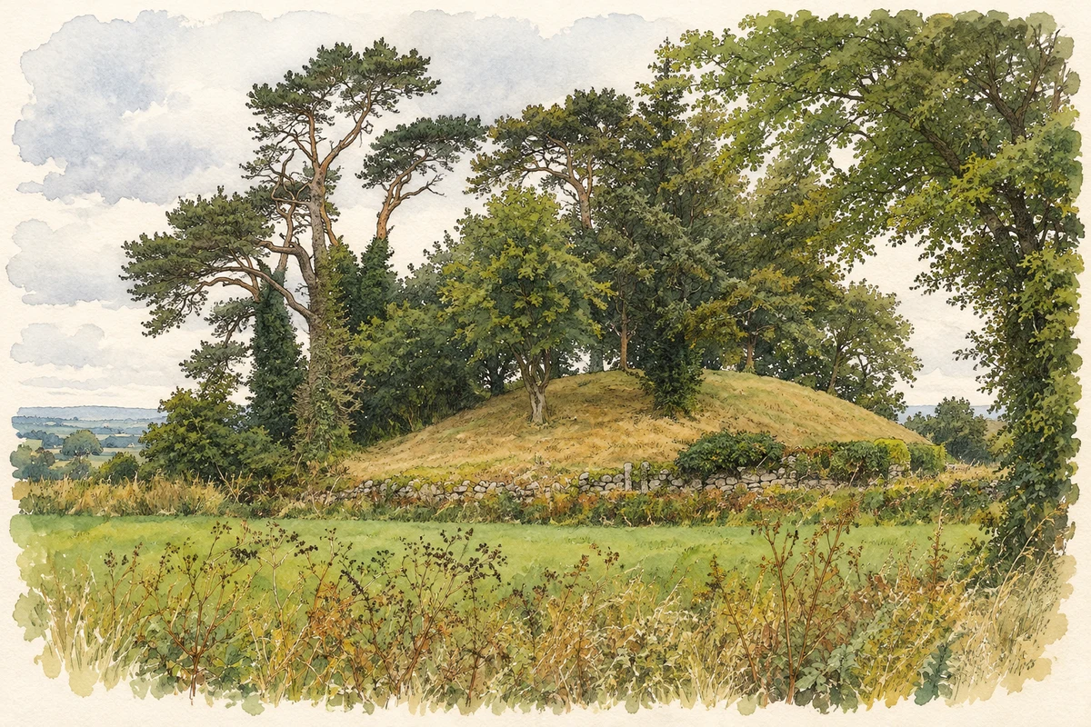 Watercolour and fine ink illustration of Rathvilly Moat, Knockroe, County Carlow.